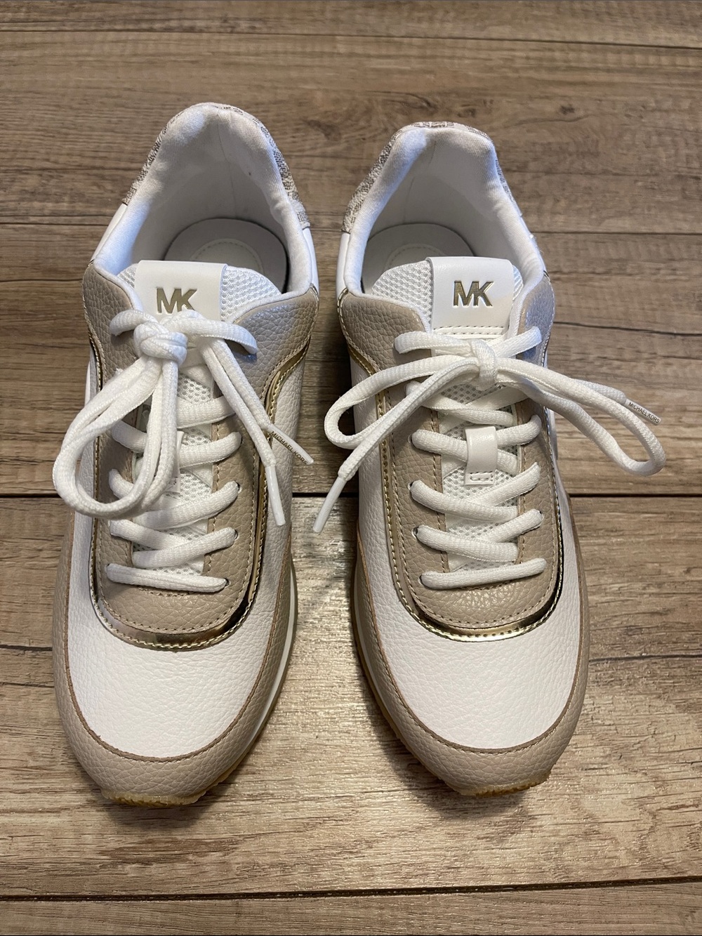 Michael Kors White & Beige Leather Trainer Sneakers